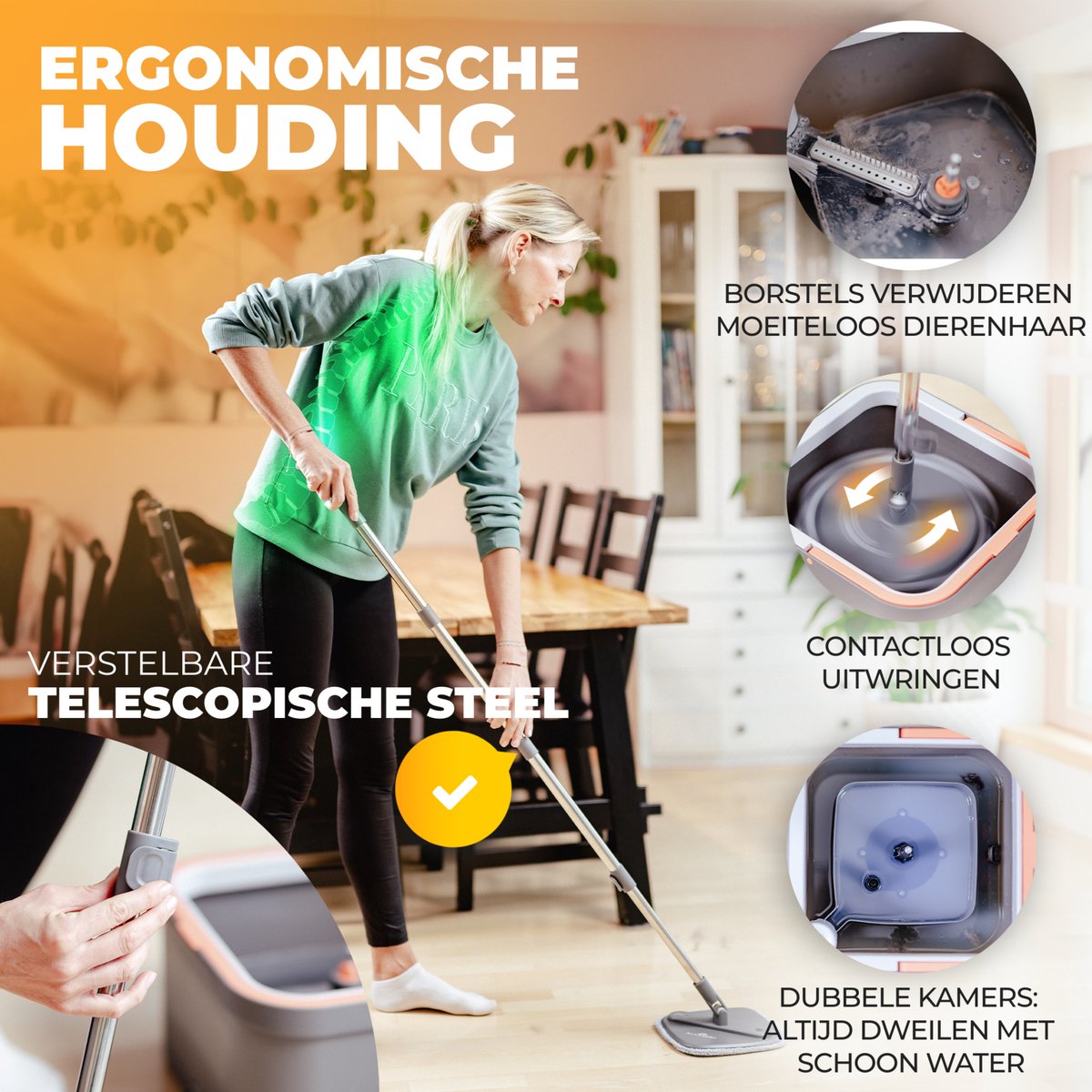 Alanberg® Spinmop Dweilsysteem met Emmer en Wringer – Complete Set incl. Emmer, Steel en 2 Microvezeldoeken – Zelfreinigende Mop voor alle vloertypen – Nat & Droog Gebruik, Grijs thumbnail 5