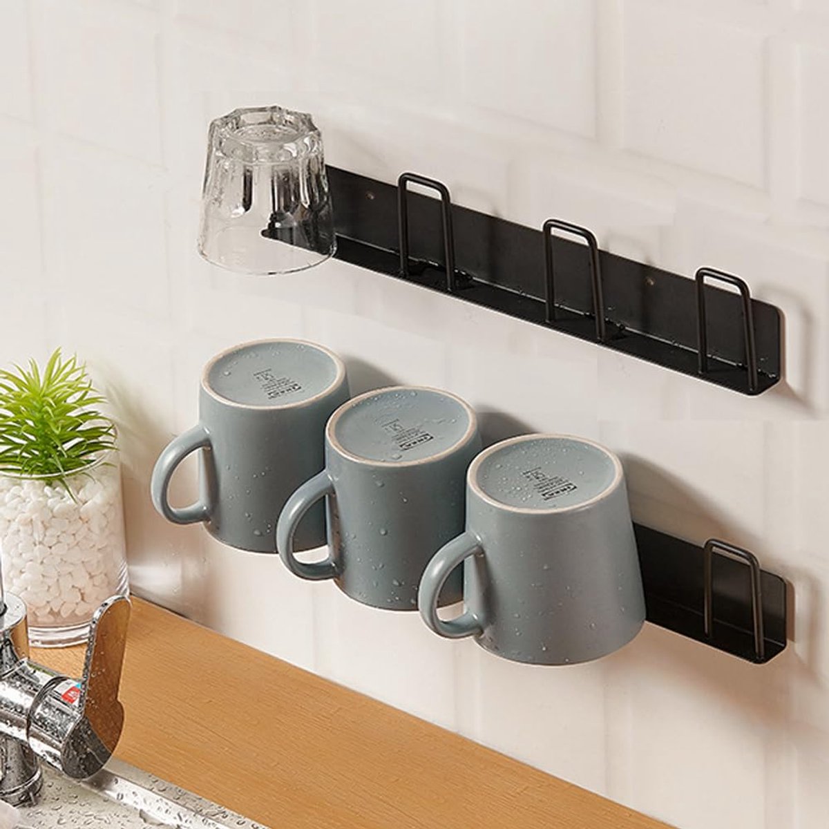 Ibenzoa® Multifunctionele Wandgemonteerde Bekerhouders voor Keuken en Kantoor zonder Boren, Met Vier Haken, Set van Twee