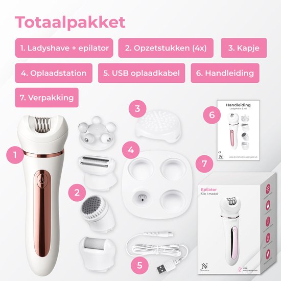 Nuvance Epileerapparaat Dames - Epilator 5-in-1 - Ladyshaves voor Vrouwen - Epilators - Ladyshave - Waterproof - Usb - Wit/Roze