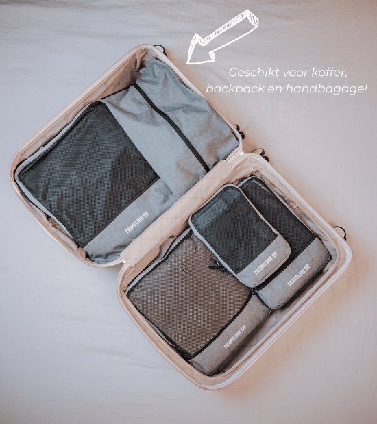 Grijze packing cubes van The Traveling Kid in een open koffer. Geschikt voor koffer, backpack en handbage.