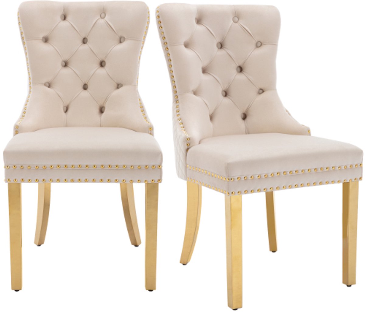 Merax Eetkamerstoelen Set van 2 – Beige met Goud – Velvet Bekleding – Luxe Design Stoelen met Handgreep en Nagelkopdetails