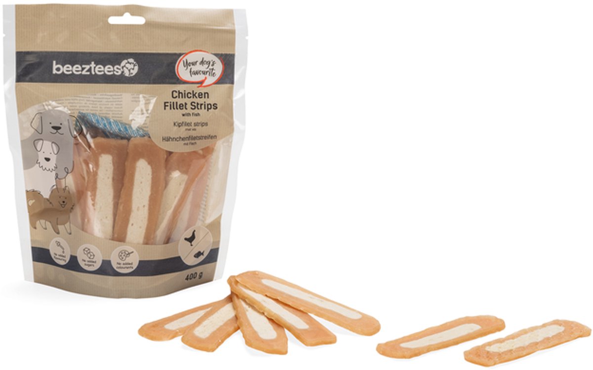 Beeztees Kipfilet Strips Met Vis - Hondensnack - Beloningssnack - Voordeelverpakking - 400 gr