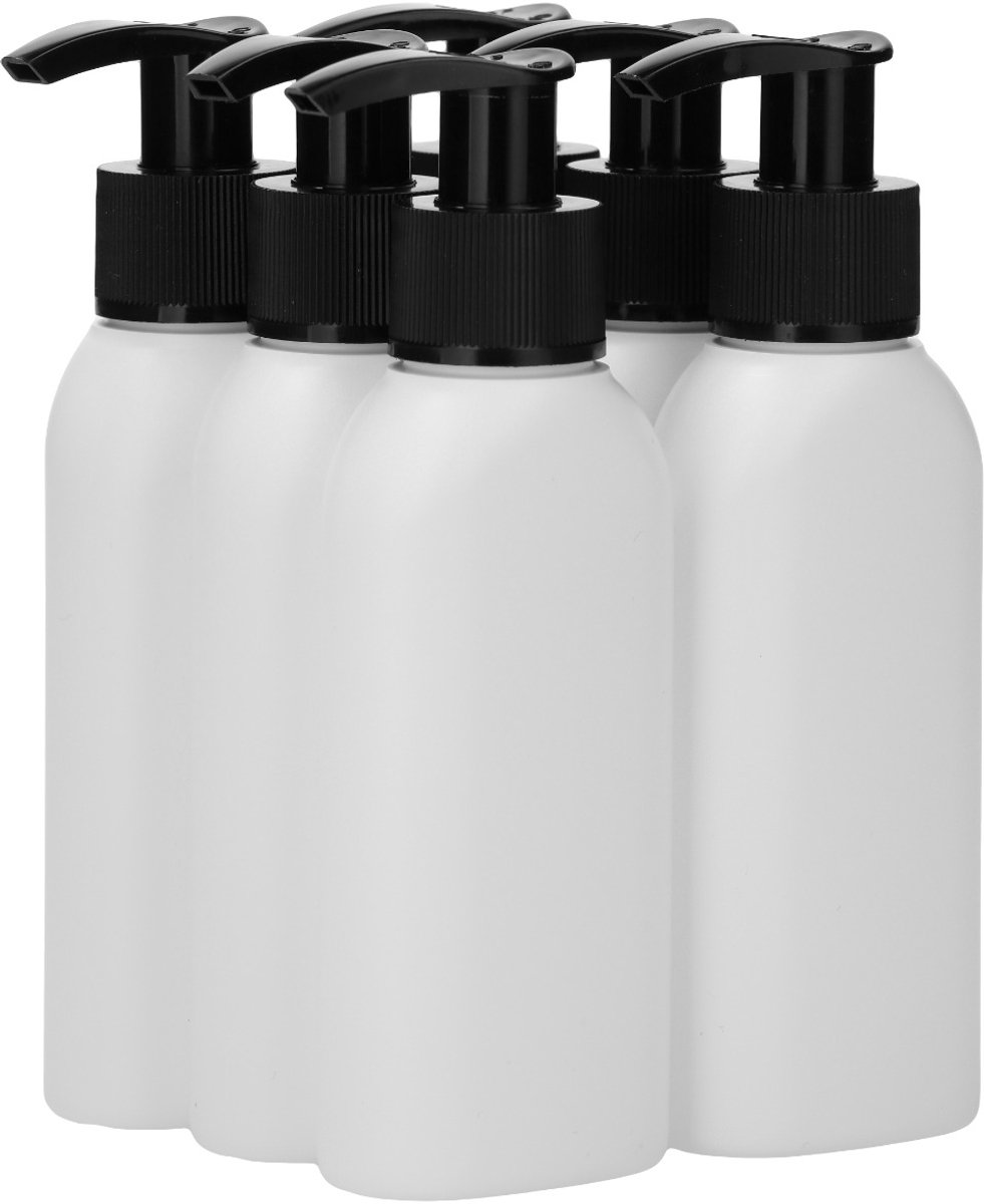 6 x 100 ml Platte fles HDPE wit + Zeepfles Dispenserpomp zwart - BPA Vrij - Niet Breekbaar - Plastic Flesjes Navulbaar - Met Dop - Lege Flessen - 6 stuks
