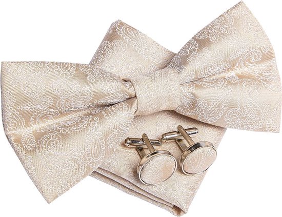 Set nœud papillon Sorprese - Pochette et Boutons de manchette inclus - 100 % soie - Beige cachemire - Ensemble d'accessoires de Luxe pour homme - Nœud papillon - Nœud papillon