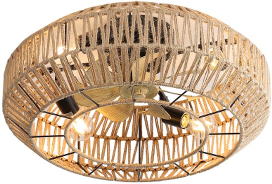 22 inch Boho plafondventilator met rattan, 6 snelheden, omkeerbare stille DC-motor, licht en afstandsbediening