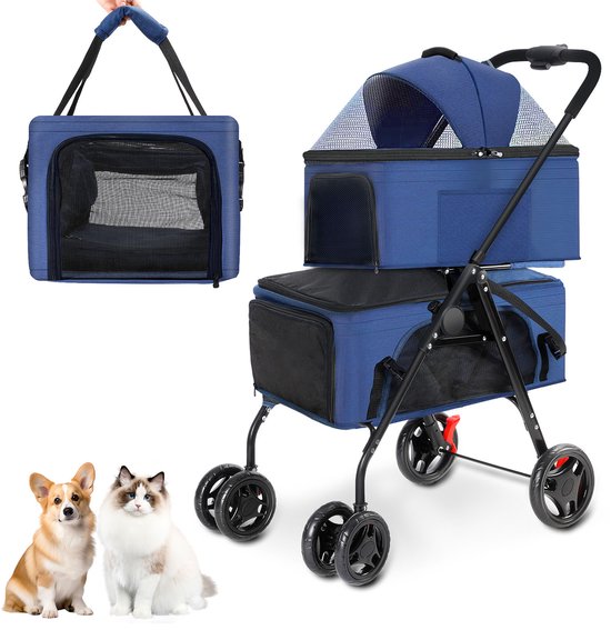 Dubbele Hondenbuggy voor 2 Kleine Honden of Katten – Opvouwbare Huisdier Buggy met 2 Losse Draagtassen, 4 Vergrendelbare Wielen, Ademend Gaas, Draagkracht 30 kg – Blauw