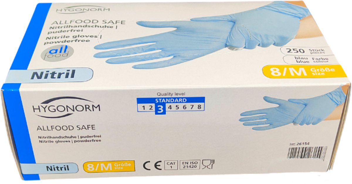 Hygonorm Nitril Handschoenen Maat M – Blauw – 250 Stuks – Poedervrij – Allfood Safe – Wegwerphandschoenen voor Voedselverwerking en Hygiëne