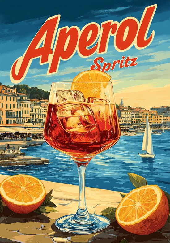 Affiche encadrée du cocktail Aperol Spritz | Décoration murale rétro Vintage avec vue sur la plage en été | Art de bar, de Cuisine ou de salon | Format A4 (23 x 33 cm) avec cadre”