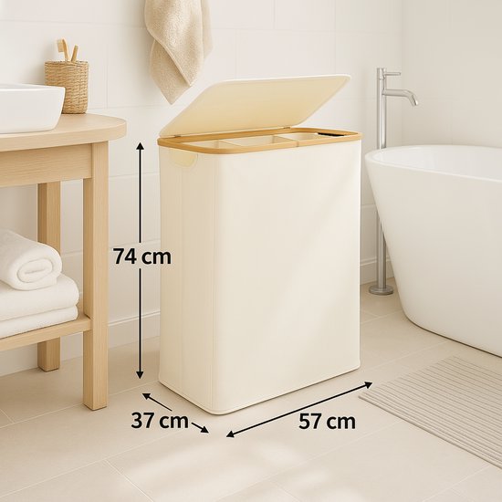 Alles & Co. XXL Wasmand 141 Liter - 3 Vakken Wassorteerder - Met Uitneembare Waszakken - Bamboe & Beige