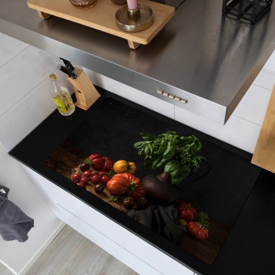 KitchenYeah® Protection plaque induction 89.6x51.6 cm - Nature morte - Basilic - Légumes - Protege plaque de cuisson - Couvre plaque induction - Protecteur d'induction - Cuisine