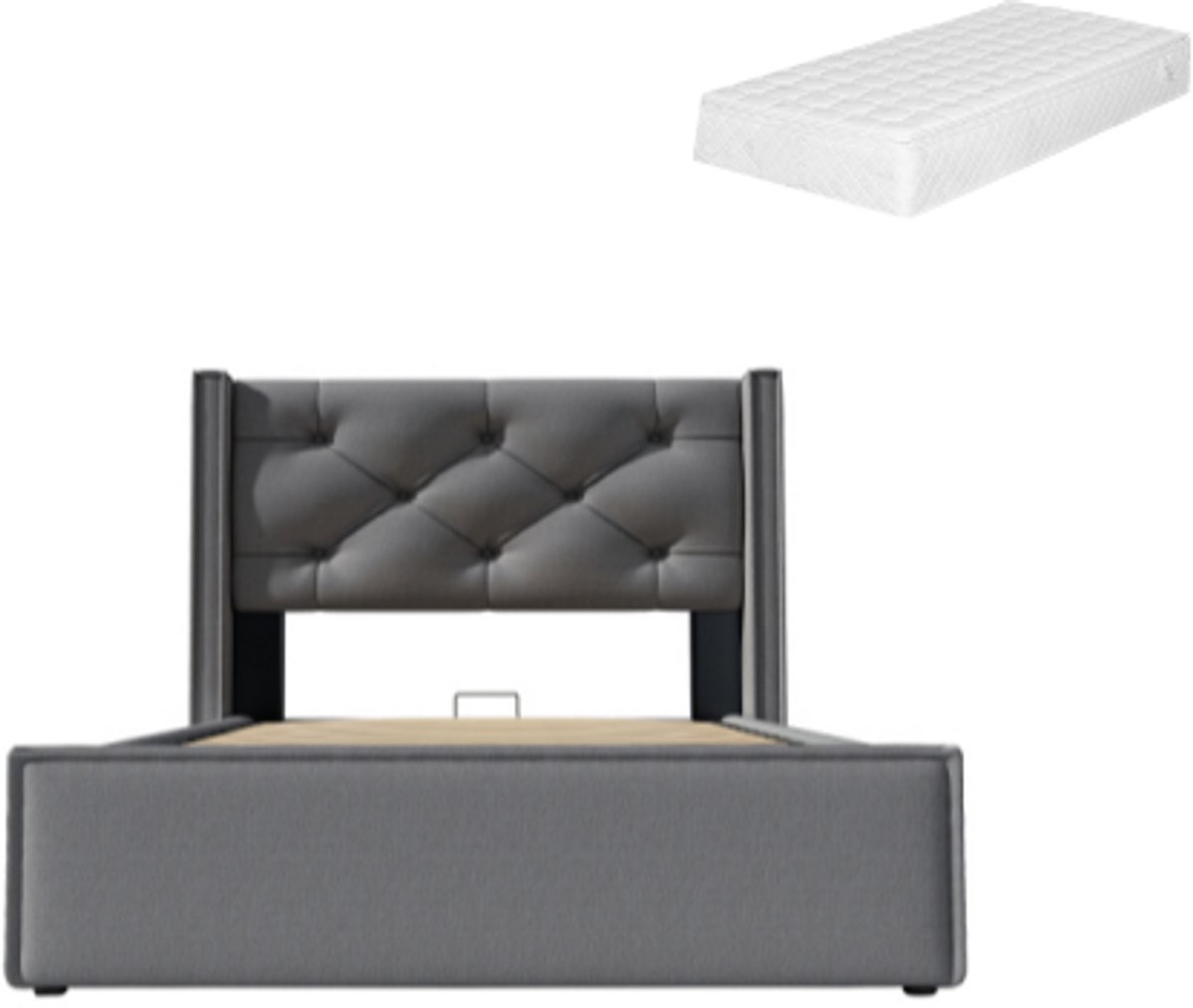 Gotagee Hydraulisch Gestoffeerd bed 90x200 cm Eenpersoonsbed Met lattenbodem uit metalen frame Modern bedframe Met opbergruimte Katoen Grijs Met matras