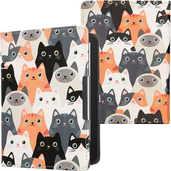 Étui pour liseuse kwmobile compatible avec Tolino Vision 1 / 2 / 3 / 4 HD - Étui à rabat avec fermeture magnétique - Housse pour liseuse - Motif Chats orange / noir / blanc