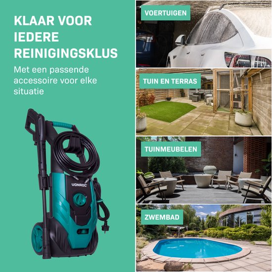 VONROC Hogedrukreiniger V18-2 1800W – 140 bar – 420 l/h – Incl. 8m slang, geïntegreerde reinigingsmiddelen tank, terrasreiniger, spuitstukken en accessoires — afbeelding 4