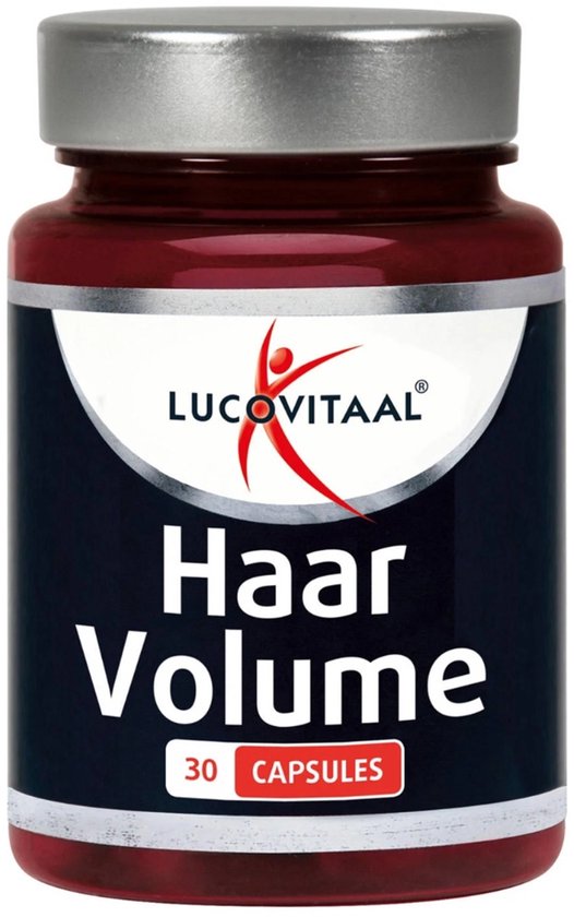 Lucovitaal Haar Volume supplement in een rood flesje met 30 capsules.
