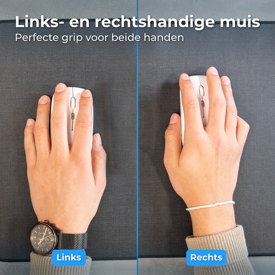 Vergelijking van de witte muis in een linker en rechterhand. De linkerhand heeft een horloge, de rechterhand een wit armbandje.