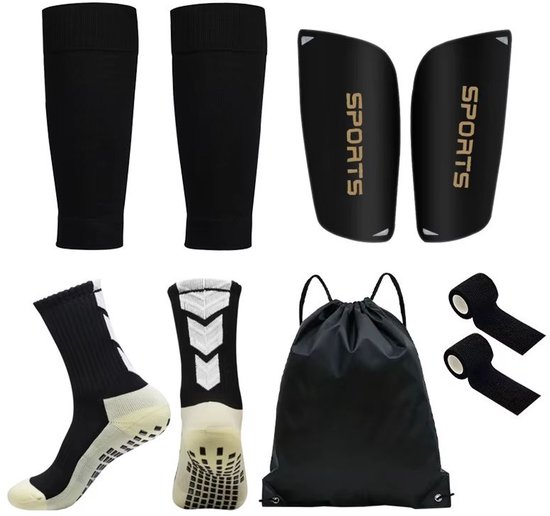 Ensemble de chaussettes de football Gripsock - manchon - protège-tibias - ruban adhésif - chaussettes - sac - chaussettes de football sans pied - taille unique - 5 pièces - noir