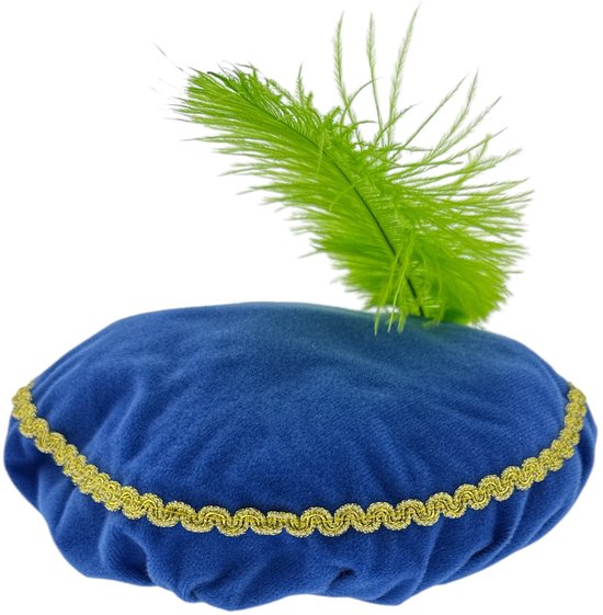 Pieten Barret Velours - Pietenmuts - Met Groene Veer voor Kinderen - Blauw