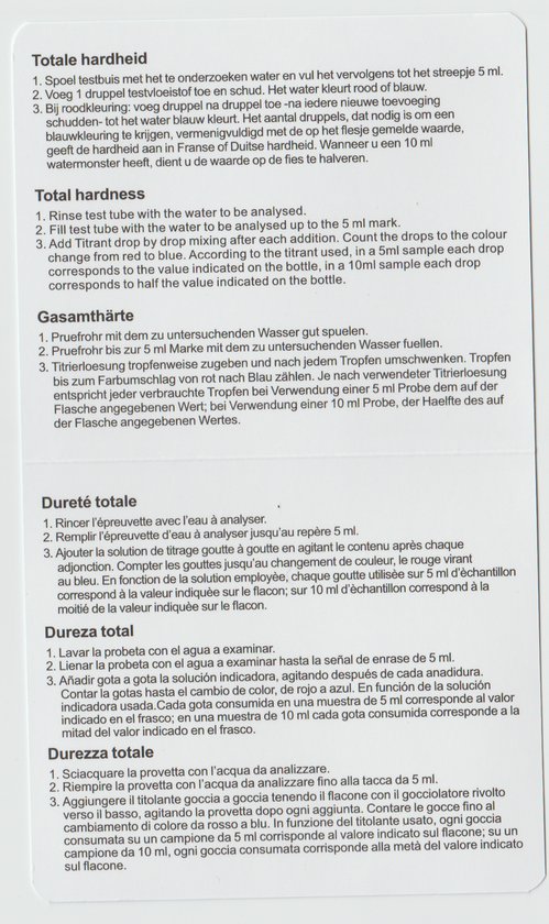 Gedrukte tekst: "Total Hardness", "Total hardness", "Gesamthärte", "Durete totale", "Durezza total".