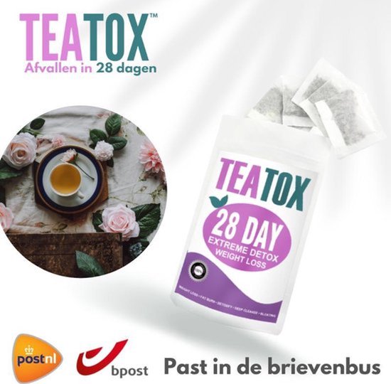 Een 'TEATOX 28 DAY EXTREME DETOX WEIGHT LOSS' verpakking met theezakjes, naast een kopje thee en rozen.