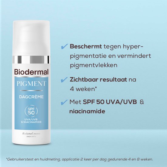 Biodermal Pigment Dagcrème pot met SPF 50 UVA/UVB & niacinamide. Beschermt tegen hyperpigmentatie en vermindert pigmentvlekken.