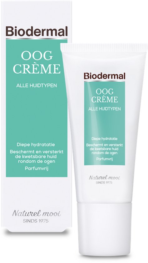 Biodermal oogcrème, met mintgroene opdruk, naast bijbehorend doosje.
