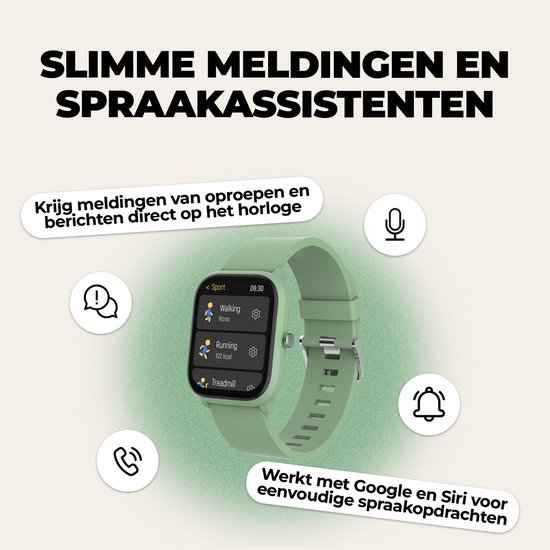 Lichtgroene smartwatch toont sportmodus met 'Walking', 'Running', 'Treadmill'. Iconen voor meldingen, telefoon, microfoon & bel.