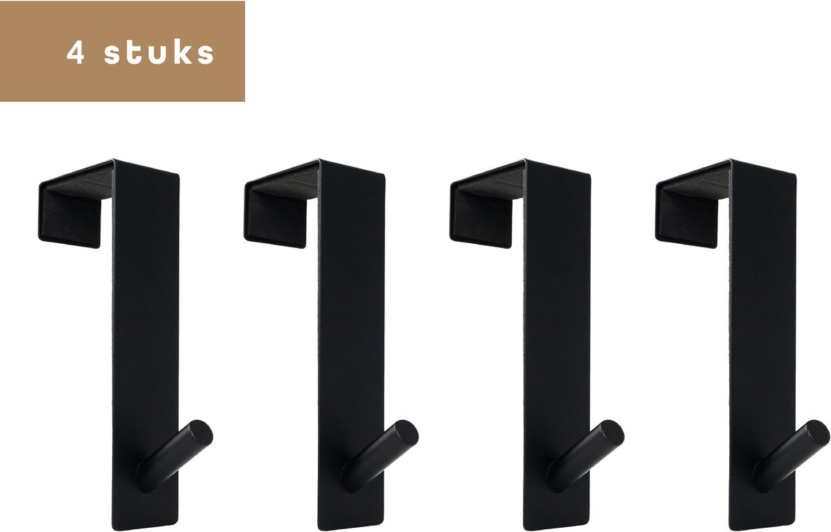 Baulk® - Deurkapstok – Deurhaak – Deurhanger – Kapstok – Zwart – Modern – Deuren tot 5cm dik – Roestvrij – Set van 4