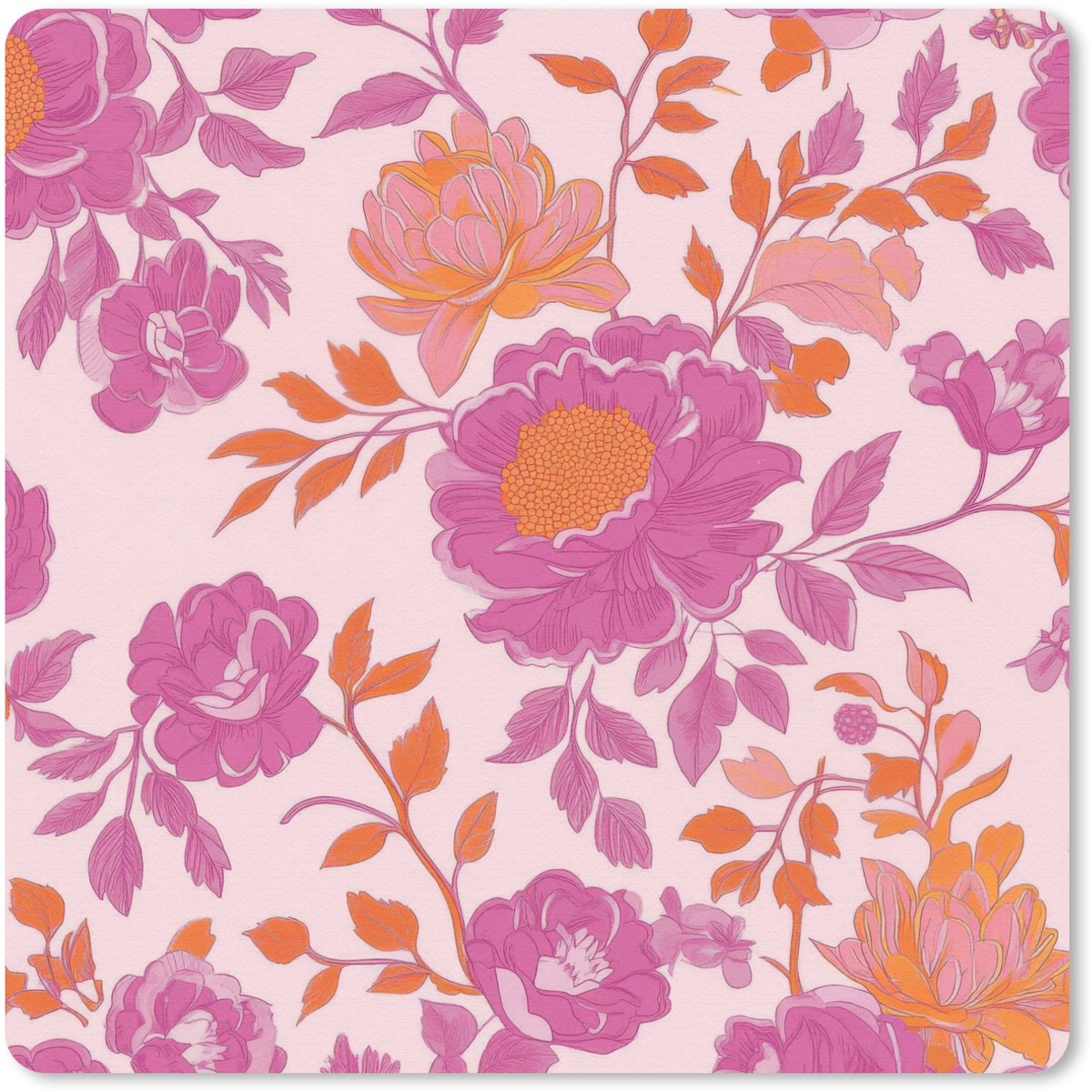 Muismat 20x20 cm - Mousepad Bloemenpatroon - Roze - Oranje - Bloemen - Muismatten