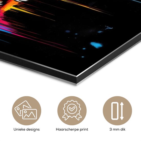 Aluminium schilderij 100x150 cm - Wanddecoratie metaal - Leeuw - Kleurrijk - Spetters - Metalen muurdecoratie woonkamer - Decoratie industrieel - Foto op dibond - Industriële accessoires slaapkamer