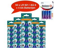 AG6 / 371A horloge knoopcel batterijen - 5x10 strips = 50 stuks + 4 stuks AA (AG6 LR69 LR921 GP71A 370 371 SR69 SR920SW SR920W V371 171 LR920 SR920 SR921 537 605 1171SO 1188SO 280-31 371L CX69 D370 D371 G6 S18 S21 SP371 TR920SW 371A 371B GP71 LR920W)