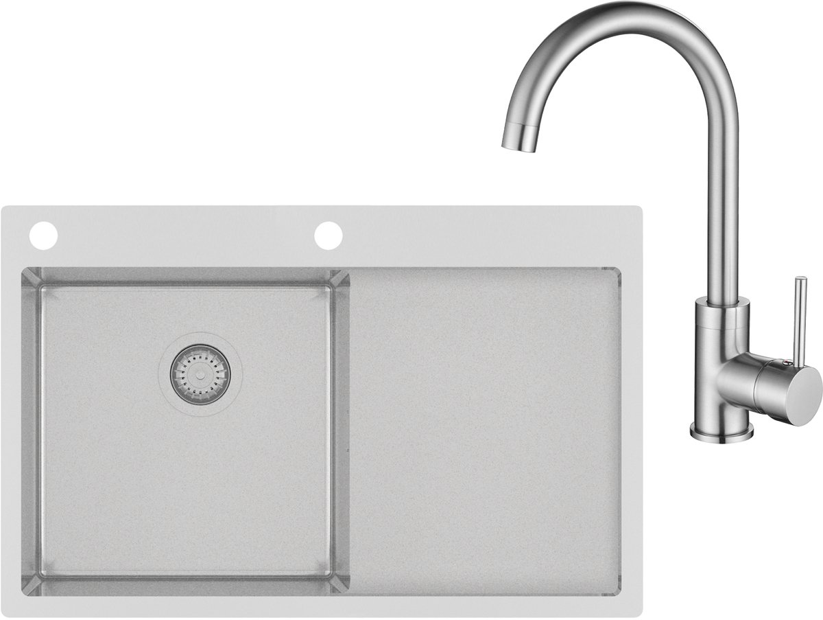 Gurari Keukenspoelbak TERRA 101 N-L + Keukenkraan 5523 - 002, Inbouwspoelbak 780x500 mm, Roestvrij staal, Rechthoekig