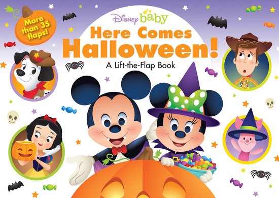 Livre Disney Baby 'Here Comes Halloween!' avec Mickey Mouse, Minnie Mouse, Blanche-Neige, Woody, Porcinet et Pluto. Plus de 35 rabats !