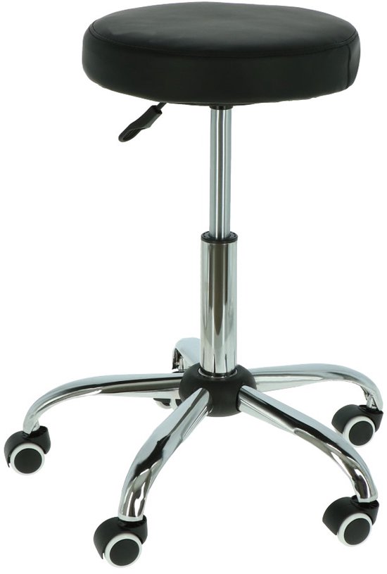 Tabouret de travail noir réglable avec base chromée et roulettes.