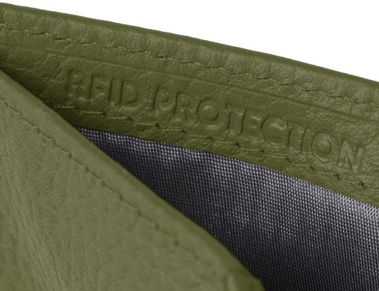 Close-up van binnenkant portemonnee met opdruk 'RFID PROTECTION' in reliëf.