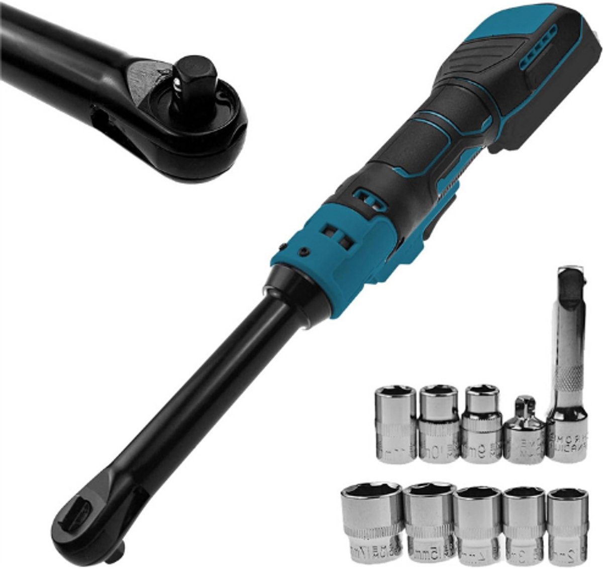 Accu ratelsleutel 3/8, elektrische ratelsleutel voor Makita 18V accu, 150N·m 300 rpm met variabele snelheid, 3/8 tot 1/4 ratel met ratelgereedschapsset (MT) (zonder accu