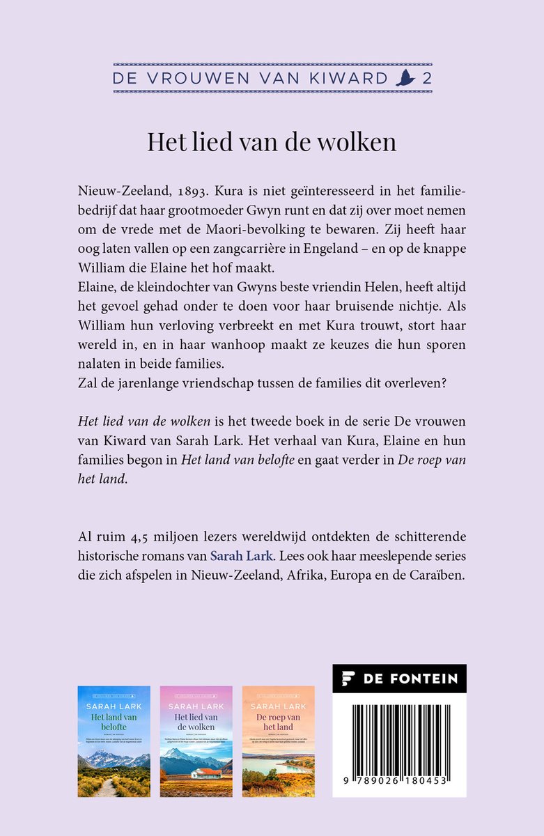 Boek "Het lied van de wolken" met drie kleinere boekomslagen en een bedrijfslogo.