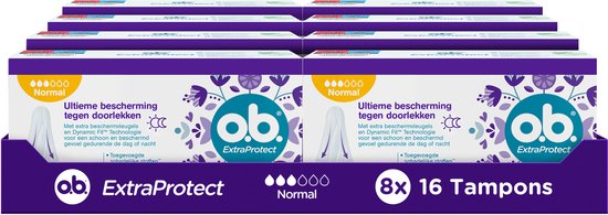 o.b. ExtraProtect Normaal - tampons - tampon gemiddelde tot zwaardere menstruatiedagen - 8 x 16 stuks