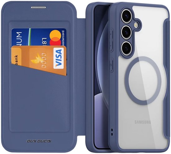 Coque Dux Ducis Skin X Pro compatible avec le Samsung Galaxy S25 | Compatible avec MagSafe/Qi2 | Bibliothèque avec porte-carte RFID | Housse de protection | Bleu transparent