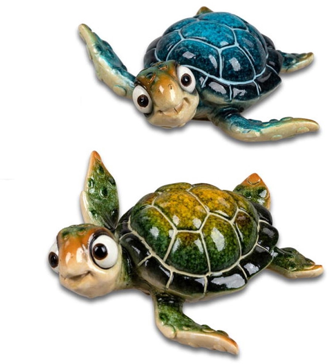 Schildpad - 2 set - Zwemmend - Decoratie - Groen - Blauw - Beeld - 12x13x5cm - Keramiek