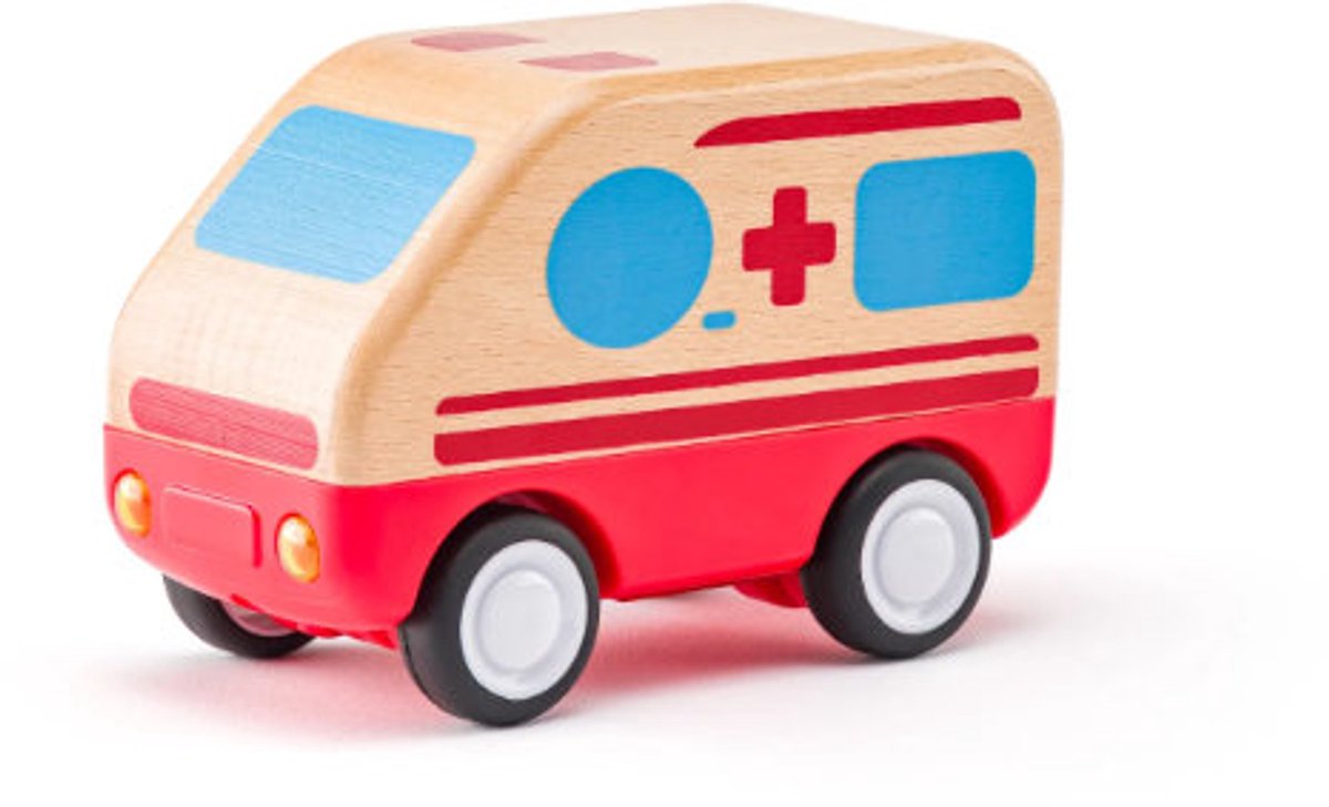 Woody houten ambulance speelgoed met licht en geluid - 11 cm.