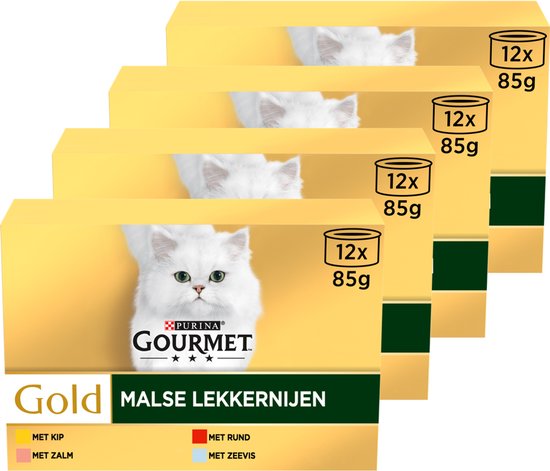 Gourmet Gold Malse Lekkernijen – Kattenvoer Natvoer - Kip Zalm Rund & Zeevis – 48 x 85 g