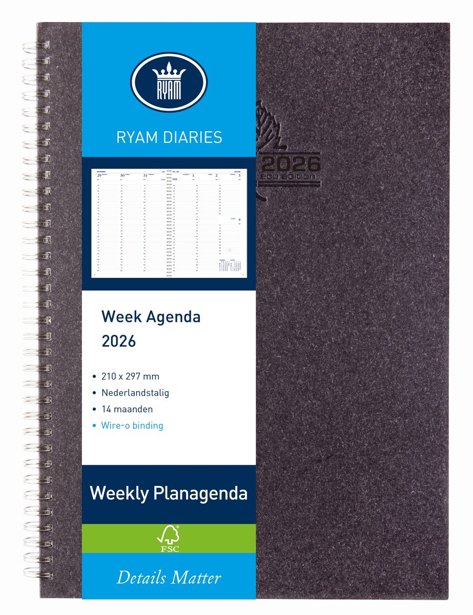 Ryam | Bureau agenda | Weekly Wire-O Wit NL Eco | 2026 | Spiraal | A4 | 14 mnd | Zwart |