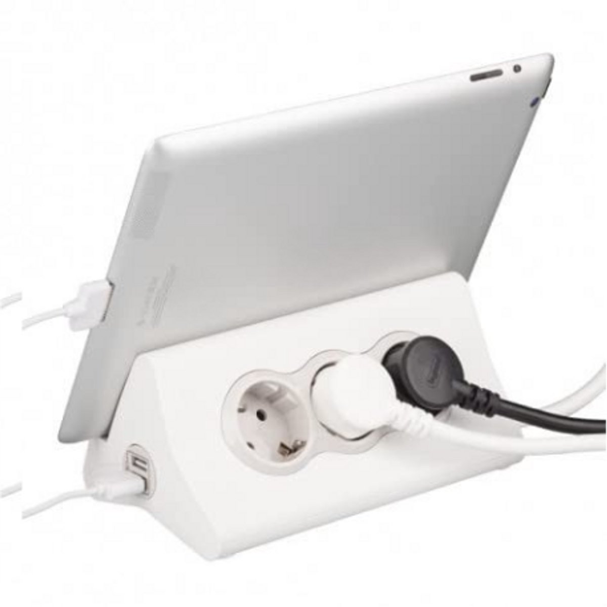 Stekkerdoos 3-Voudig Met Geïntegreerde Tablet/Mobiele Telefoon/Smartphonehouder En 2-Poorts USB-Laadstation Voor iPhone, iPad, Samsung, Huawei, Aan/Uit-Schakelaar, Verlengkabel 1,5 m – Wit