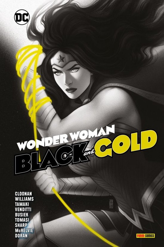 Bande dessinée Wonder Woman Black and Gold, par Alex Ross. Noir et blanc avec des accents jaunes, dont son lasso.