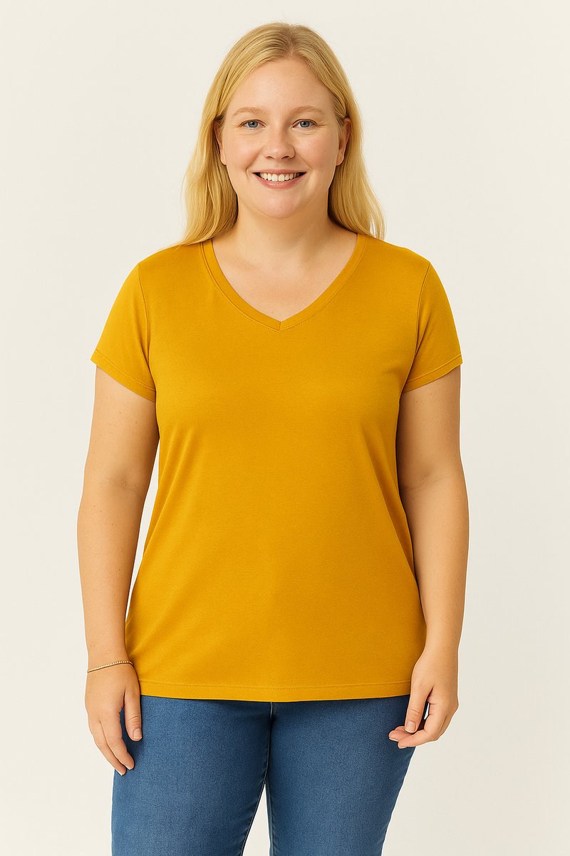 Dames Large T-Shirt V-Hals Basic Kortemouw Mosterd Geel