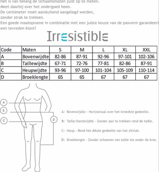 Maattabel met maataanduidingen voor borst-, taille-, heupwijdte en broeklengte.
