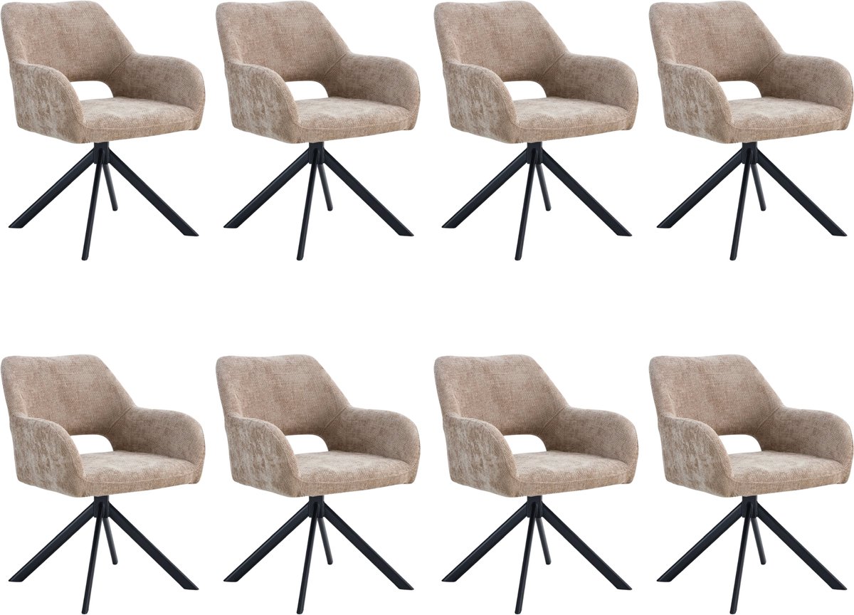 Ams Living® Eetkamerstoel Draaibaar | Luxe afwerking | Stoffen Stoel met Metalen Poot | Kleur Taupe Zand Bruin | Eettafel Stoelen | Set van 8 Design Stoelen Eettafel