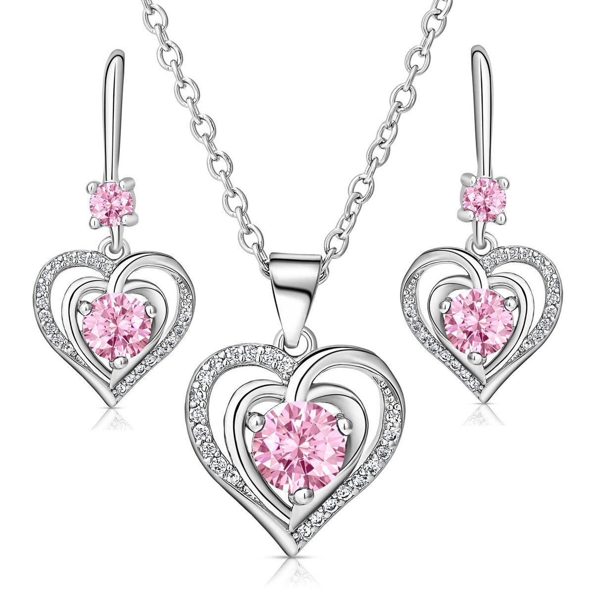 Juwelium Hart in Hart Ketting en Oorbellen Set Verstelbaar 41 tot 46 cm met Roze Zirkonia Kristallen in Luxe Sieradendoos met Rozen – Perfect Cadeau voor Vrouw, Vriendin, Moeder, Dochter