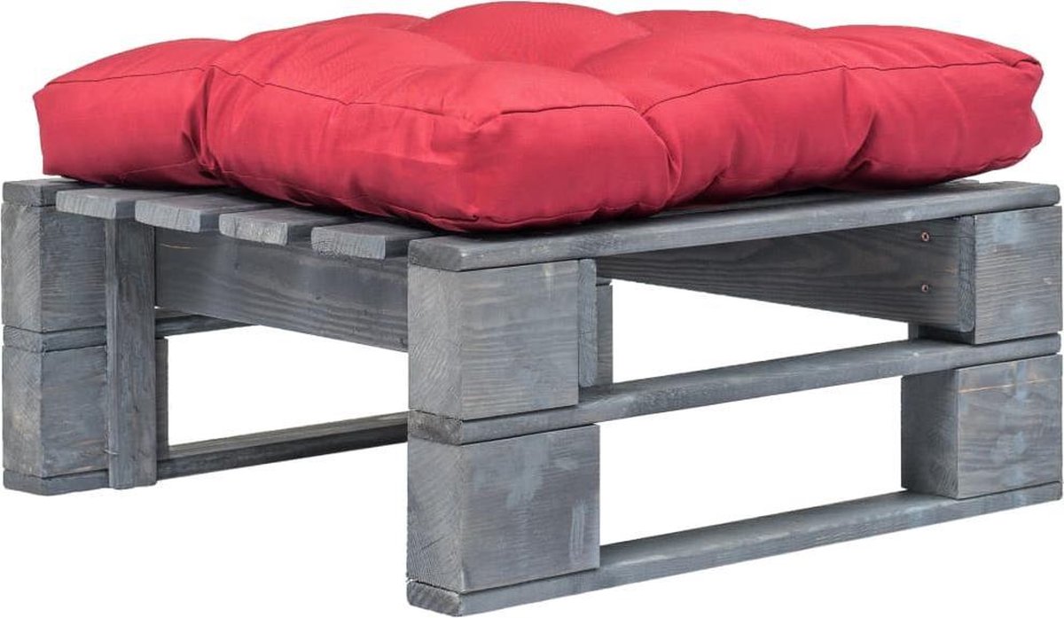 vidaXL Tuinhocker - met - rood - kussen - pallet - hout - grijs Grijs en rood