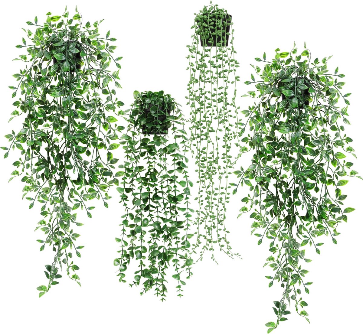 Ibenzoa Decoratieve Kunsthangplanten voor Binnen- en Buitengebruik, Set van 4, Inclusief Eucalyptus en Datura Stramonium groen